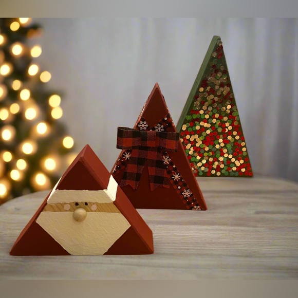 NEW Set of 3 Wood Holiday Centerpiece, Christmas Decor Trees Santa, Hand-Crafted - Picture 5 of 7